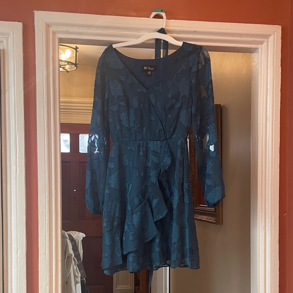 BCX Dark Teal Long Sleeve Floral Dress
